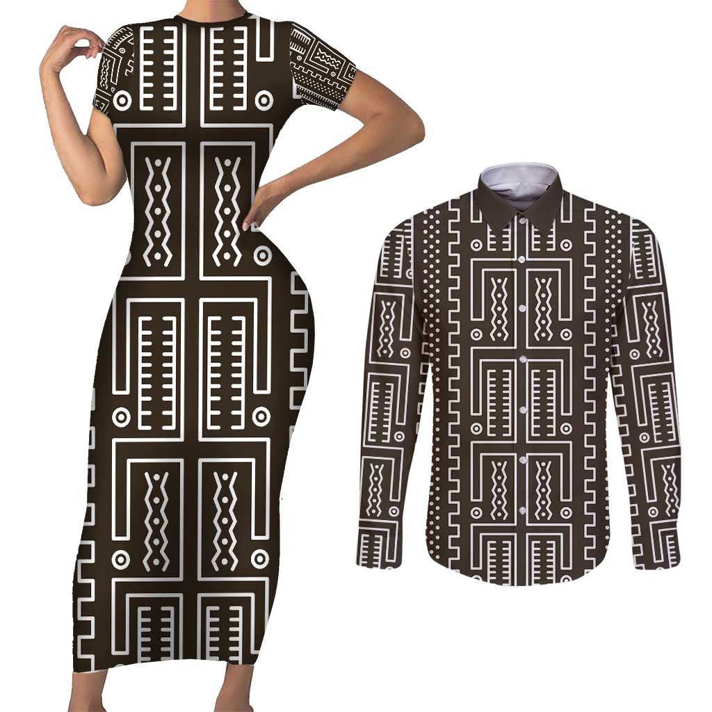 Mali Mud Cloth Couples Matching Short Sleeve Bodycon Dress and Long Sleeve Button Shirt Bogolanfini Pattern - Wonder Print Shop