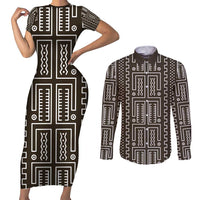 Mali Mud Cloth Couples Matching Short Sleeve Bodycon Dress and Long Sleeve Button Shirt Bogolanfini Pattern - Wonder Print Shop