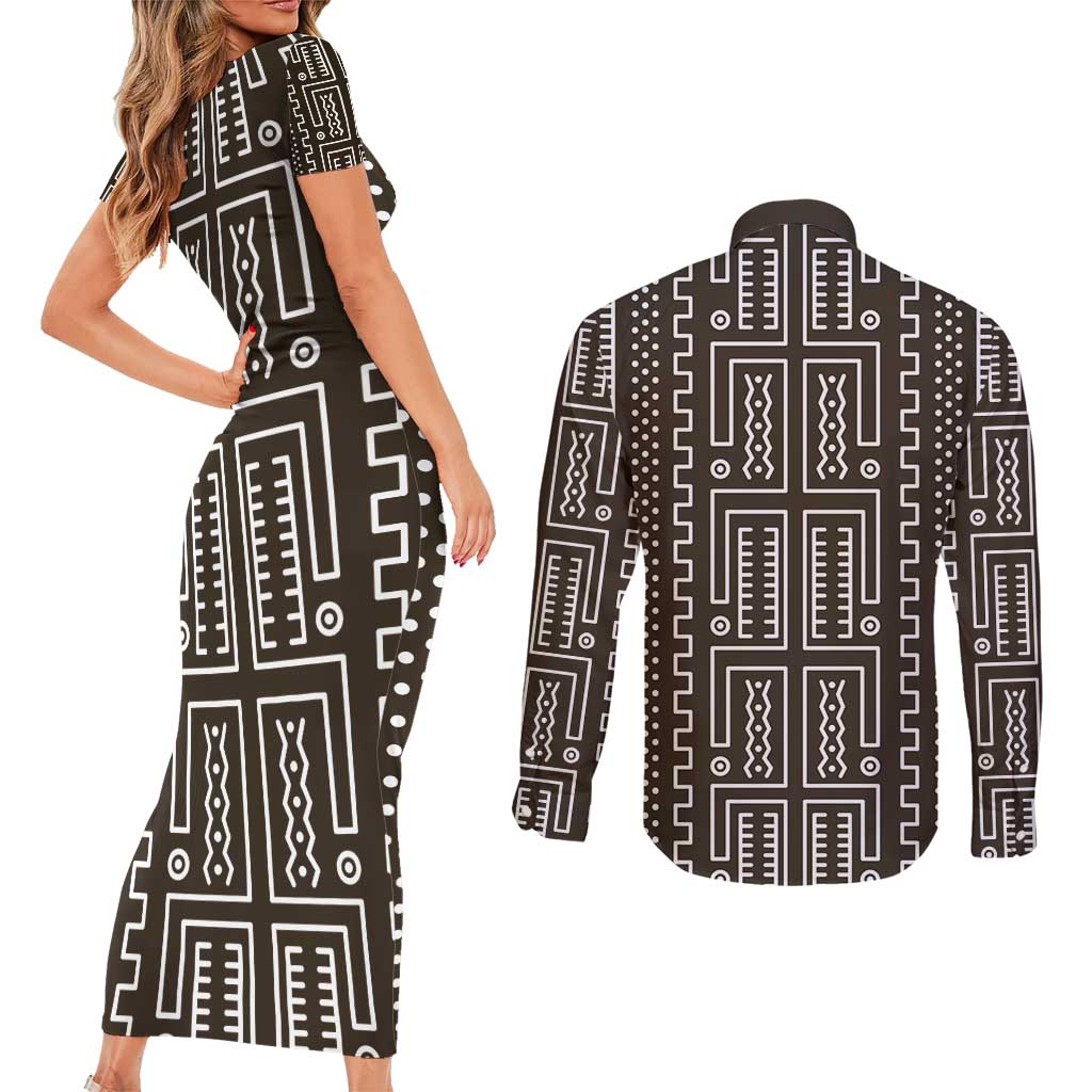 Mali Mud Cloth Couples Matching Short Sleeve Bodycon Dress and Long Sleeve Button Shirt Bogolanfini Pattern - Wonder Print Shop