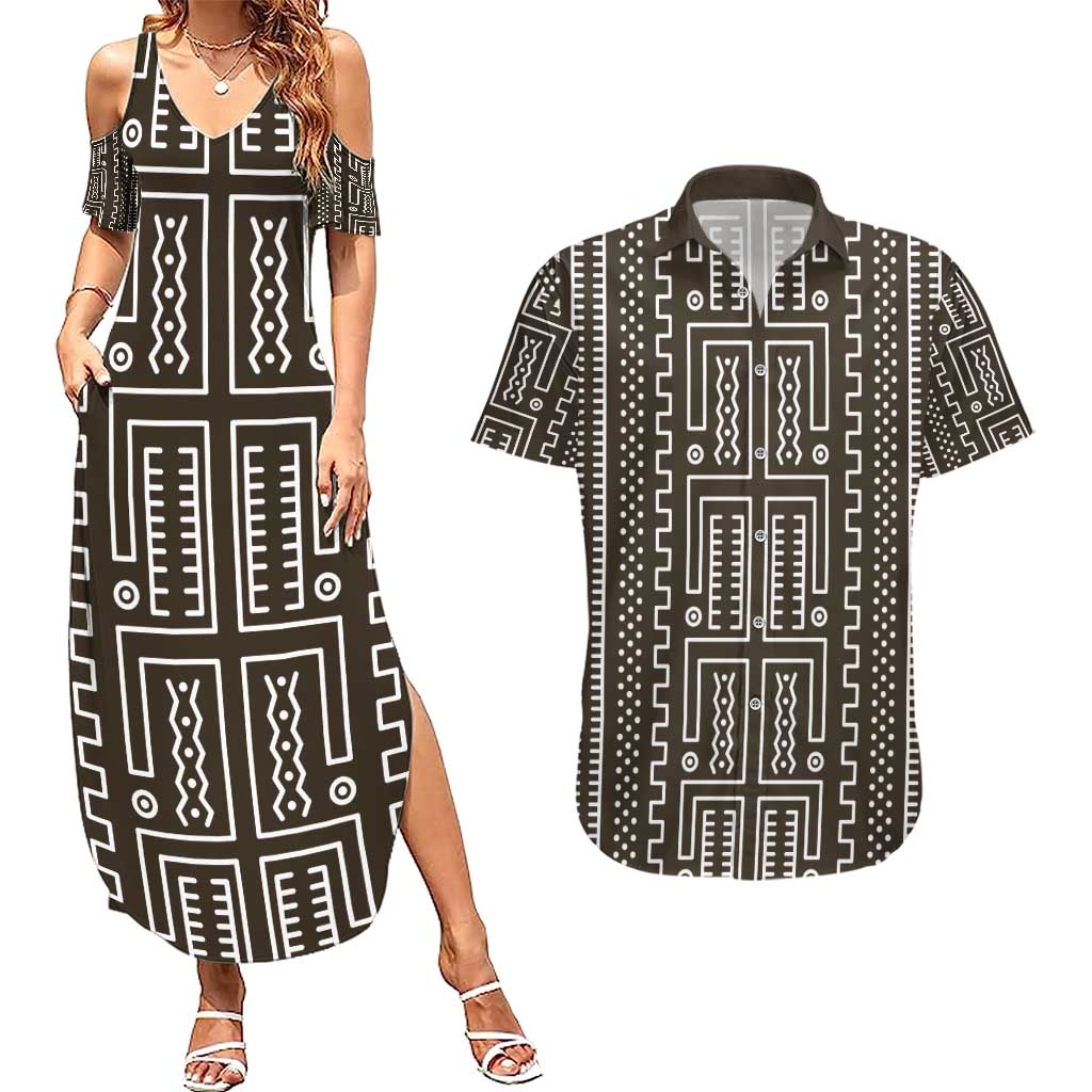 Mali Mud Cloth Couples Matching Summer Maxi Dress and Hawaiian Shirt Bogolanfini Pattern - Wonder Print Shop