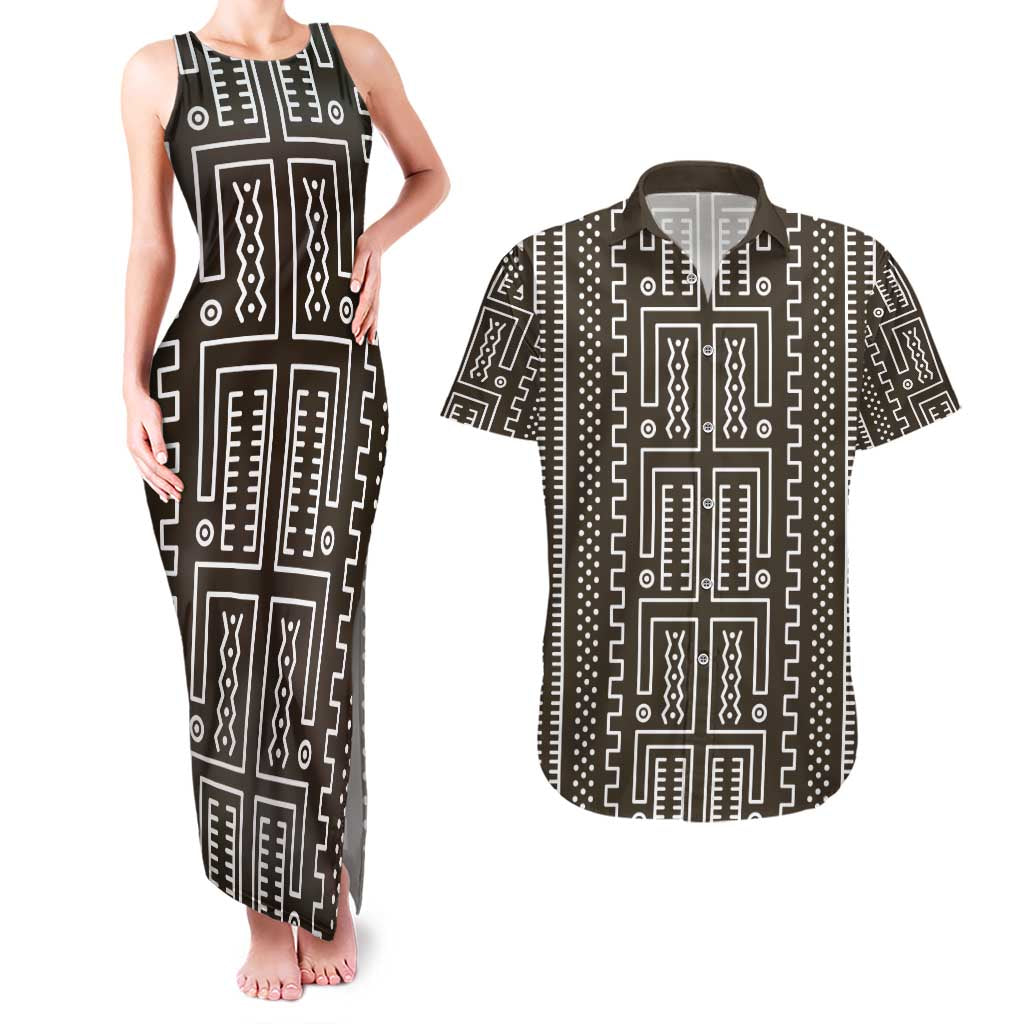 Mali Mud Cloth Couples Matching Tank Maxi Dress and Hawaiian Shirt Bogolanfini Pattern - Wonder Print Shop