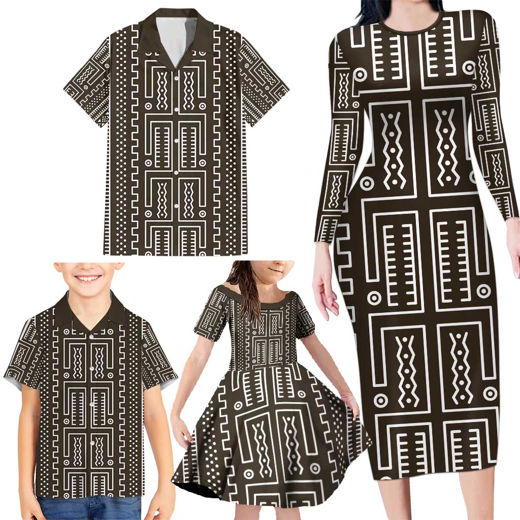 Mali Mud Cloth Family Matching Long Sleeve Bodycon Dress and Hawaiian Shirt Bogolanfini Pattern - Wonder Print Shop