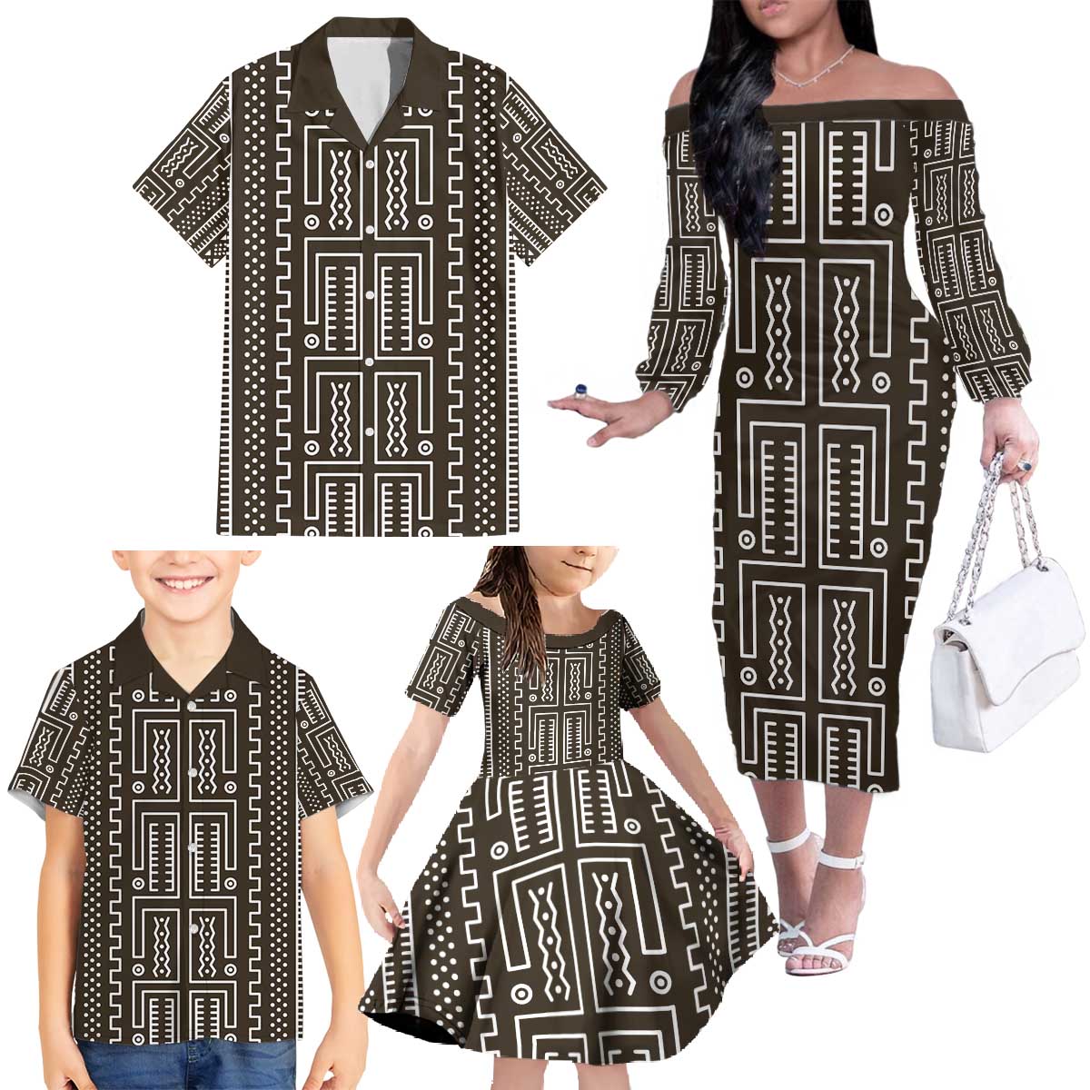 Mali Mud Cloth Family Matching Off The Shoulder Long Sleeve Dress and Hawaiian Shirt Bogolanfini Pattern - Wonder Print Shop