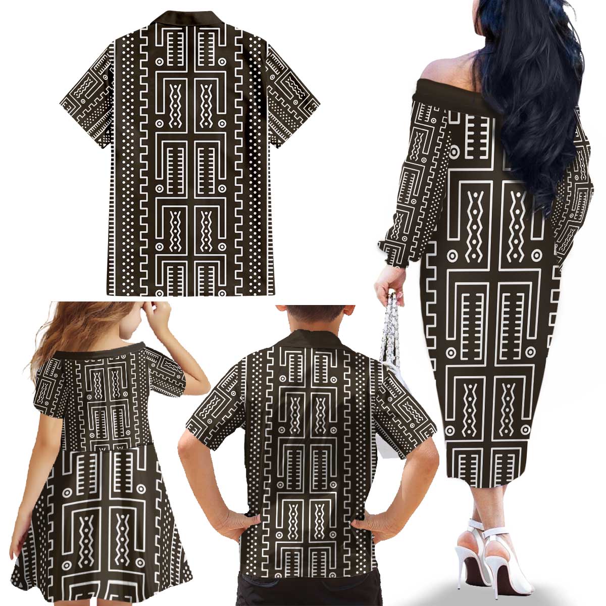 Mali Mud Cloth Family Matching Off The Shoulder Long Sleeve Dress and Hawaiian Shirt Bogolanfini Pattern - Wonder Print Shop