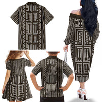 Mali Mud Cloth Family Matching Off The Shoulder Long Sleeve Dress and Hawaiian Shirt Bogolanfini Pattern - Wonder Print Shop