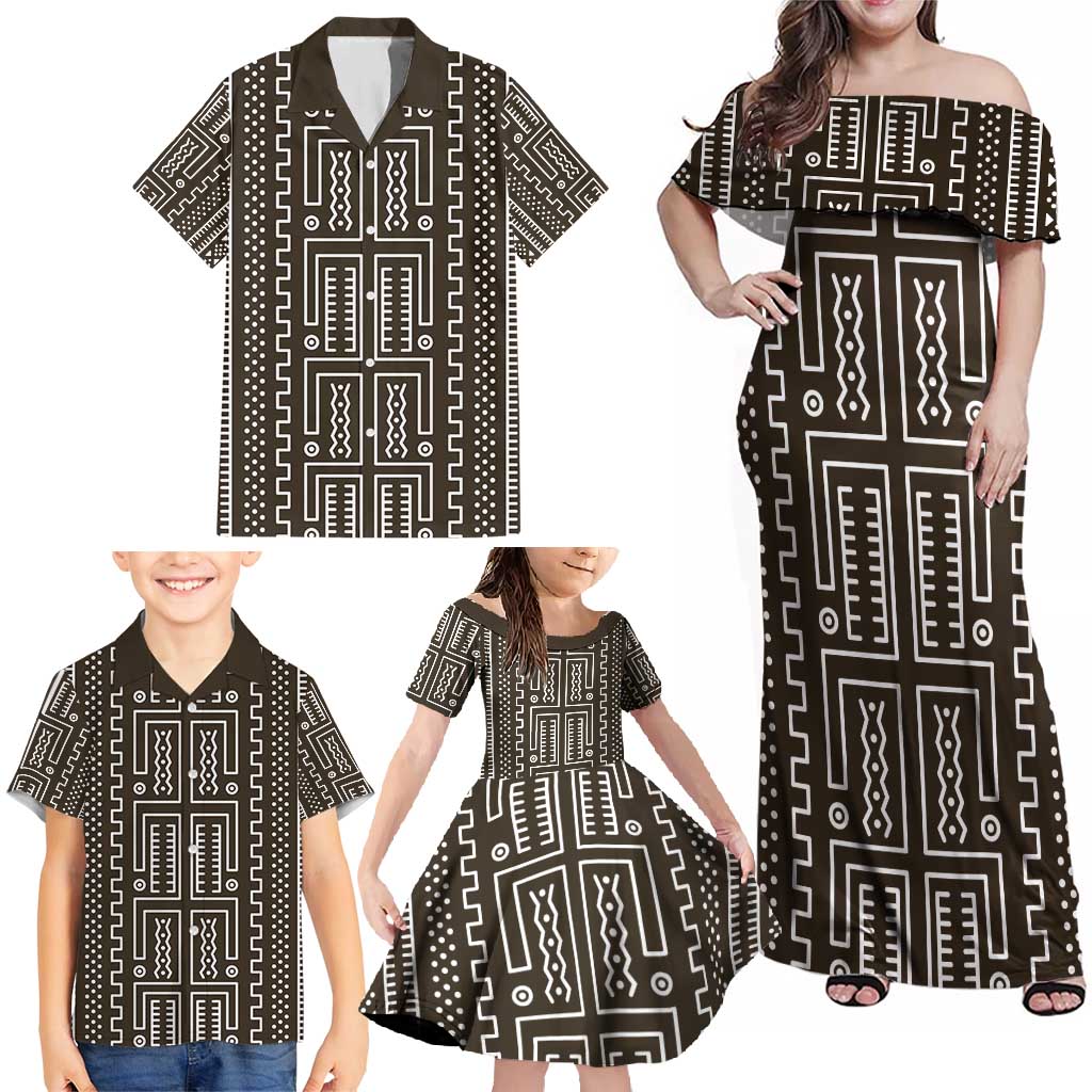 Mali Mud Cloth Family Matching Off Shoulder Maxi Dress and Hawaiian Shirt Bogolanfini Pattern - Wonder Print Shop