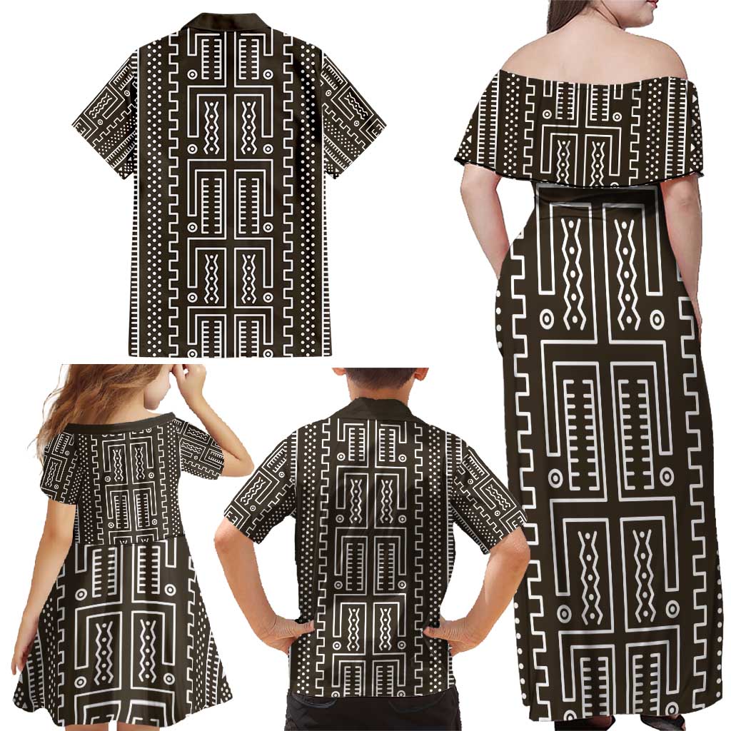 Mali Mud Cloth Family Matching Off Shoulder Maxi Dress and Hawaiian Shirt Bogolanfini Pattern - Wonder Print Shop