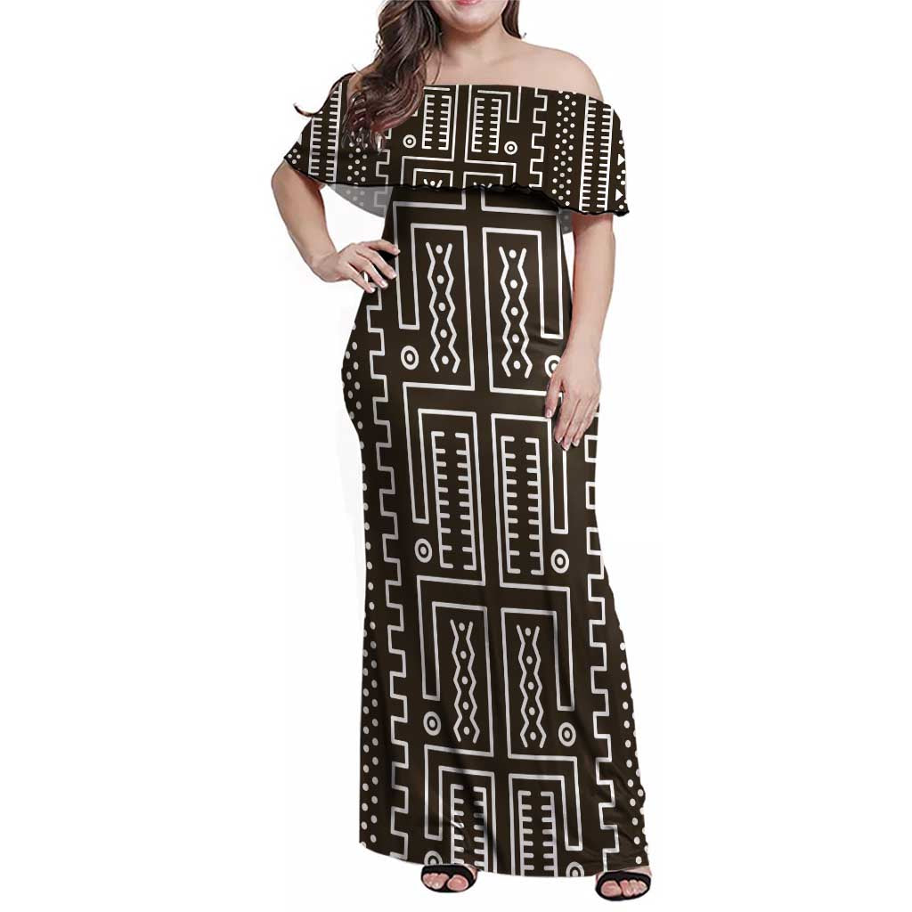 Mali Mud Cloth Family Matching Off Shoulder Maxi Dress and Hawaiian Shirt Bogolanfini Pattern - Wonder Print Shop