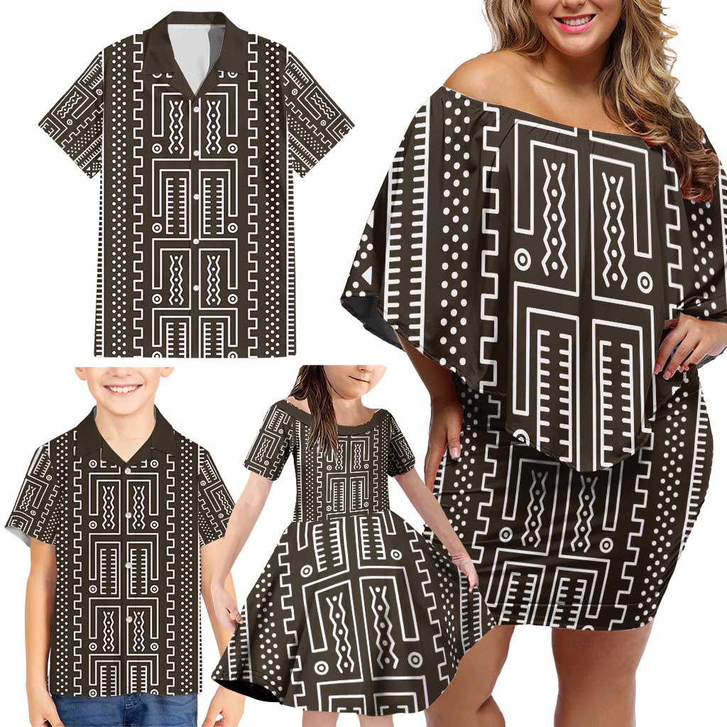 Mali Mud Cloth Family Matching Off Shoulder Short Dress and Hawaiian Shirt Bogolanfini Pattern - Wonder Print Shop