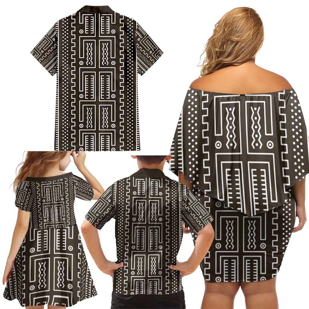 Mali Mud Cloth Family Matching Off Shoulder Short Dress and Hawaiian Shirt Bogolanfini Pattern - Wonder Print Shop