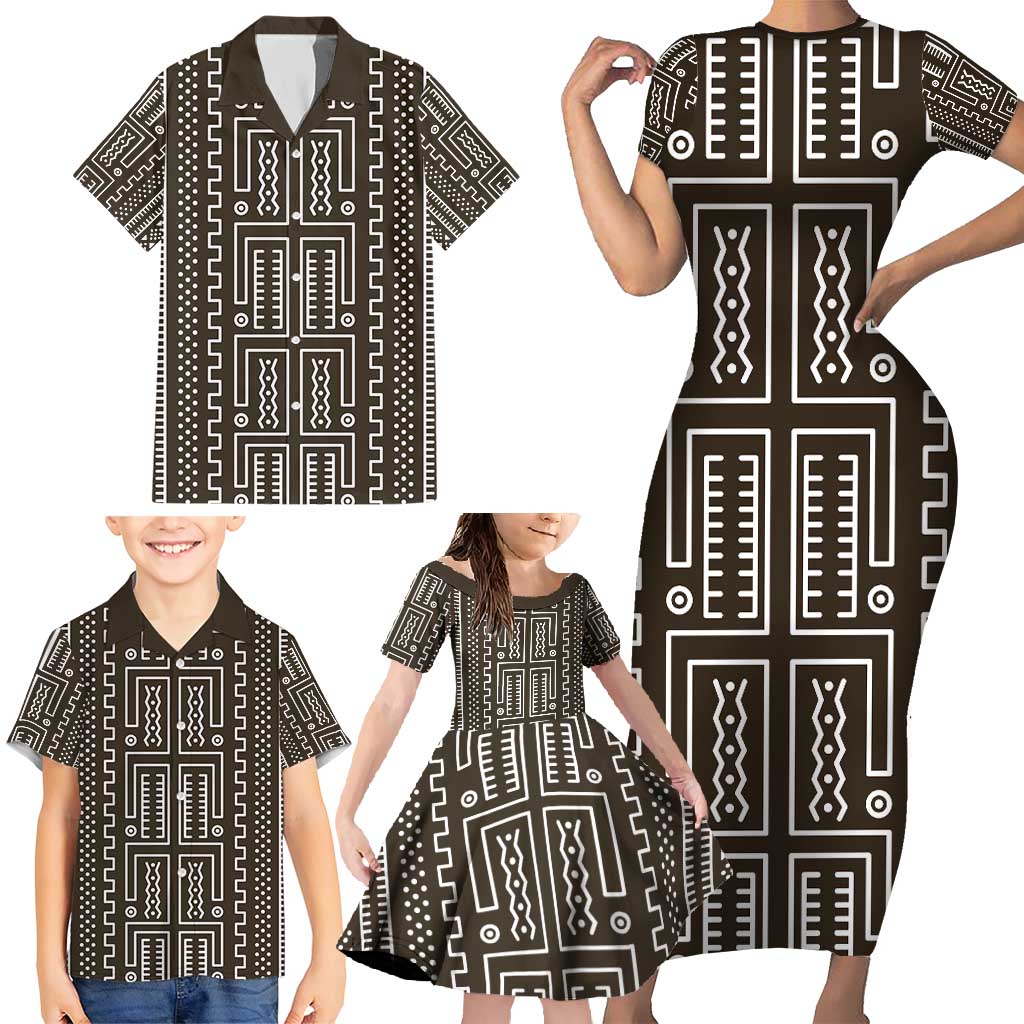 Mali Mud Cloth Family Matching Short Sleeve Bodycon Dress and Hawaiian Shirt Bogolanfini Pattern - Wonder Print Shop