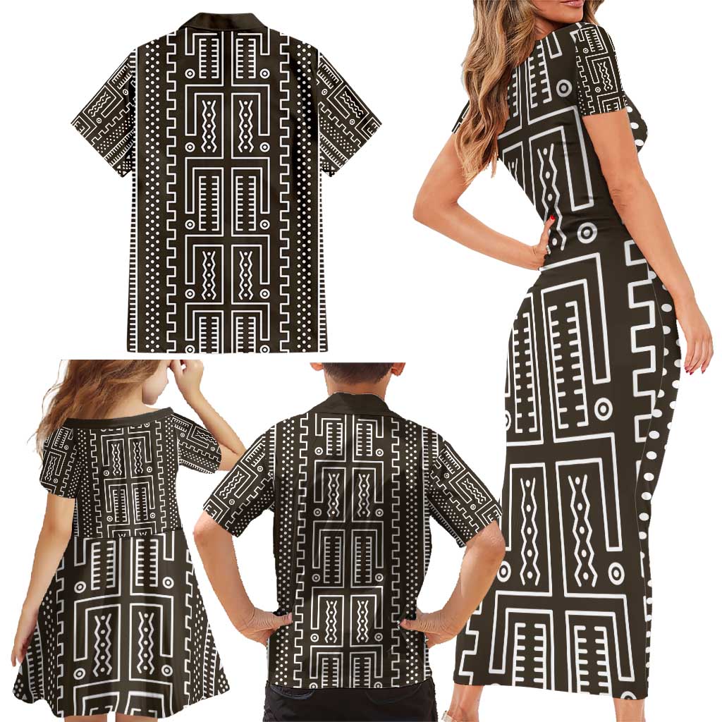 Mali Mud Cloth Family Matching Short Sleeve Bodycon Dress and Hawaiian Shirt Bogolanfini Pattern - Wonder Print Shop