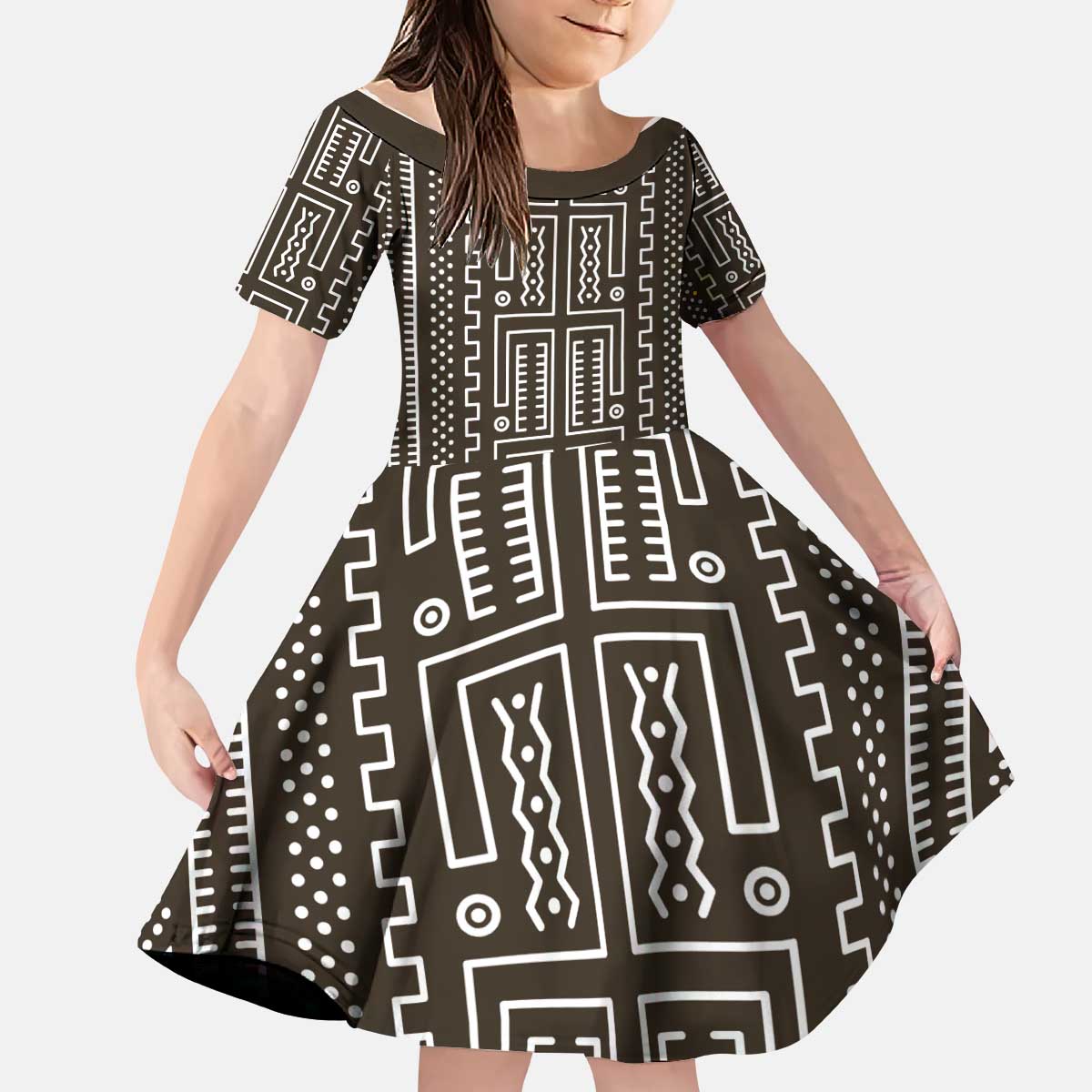 Mali Mud Cloth Kid Short Sleeve Dress Bogolanfini Pattern - Wonder Print Shop