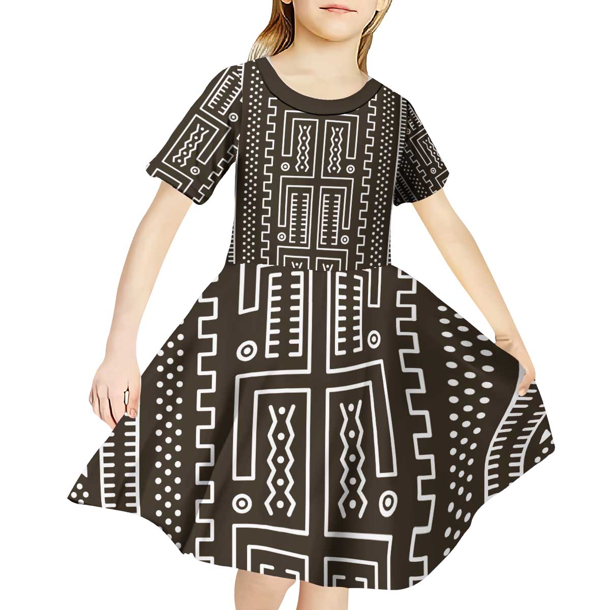 Mali Mud Cloth Kid Short Sleeve Dress Bogolanfini Pattern - Wonder Print Shop