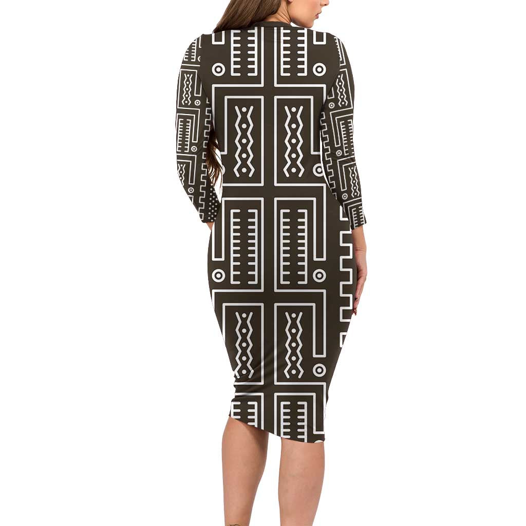 Mali Mud Cloth Long Sleeve Bodycon Dress Bogolanfini Pattern - Wonder Print Shop