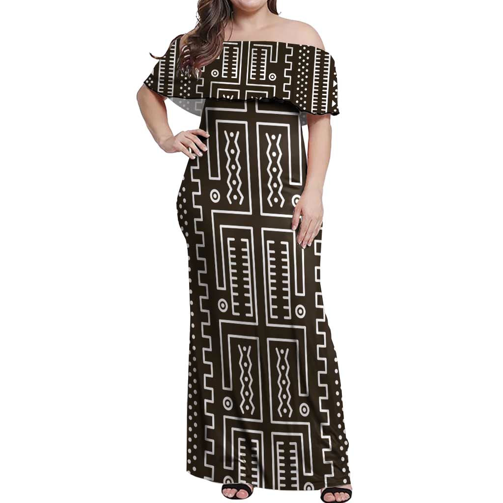 Mali Mud Cloth Off Shoulder Maxi Dress Bogolanfini Pattern - Wonder Print Shop