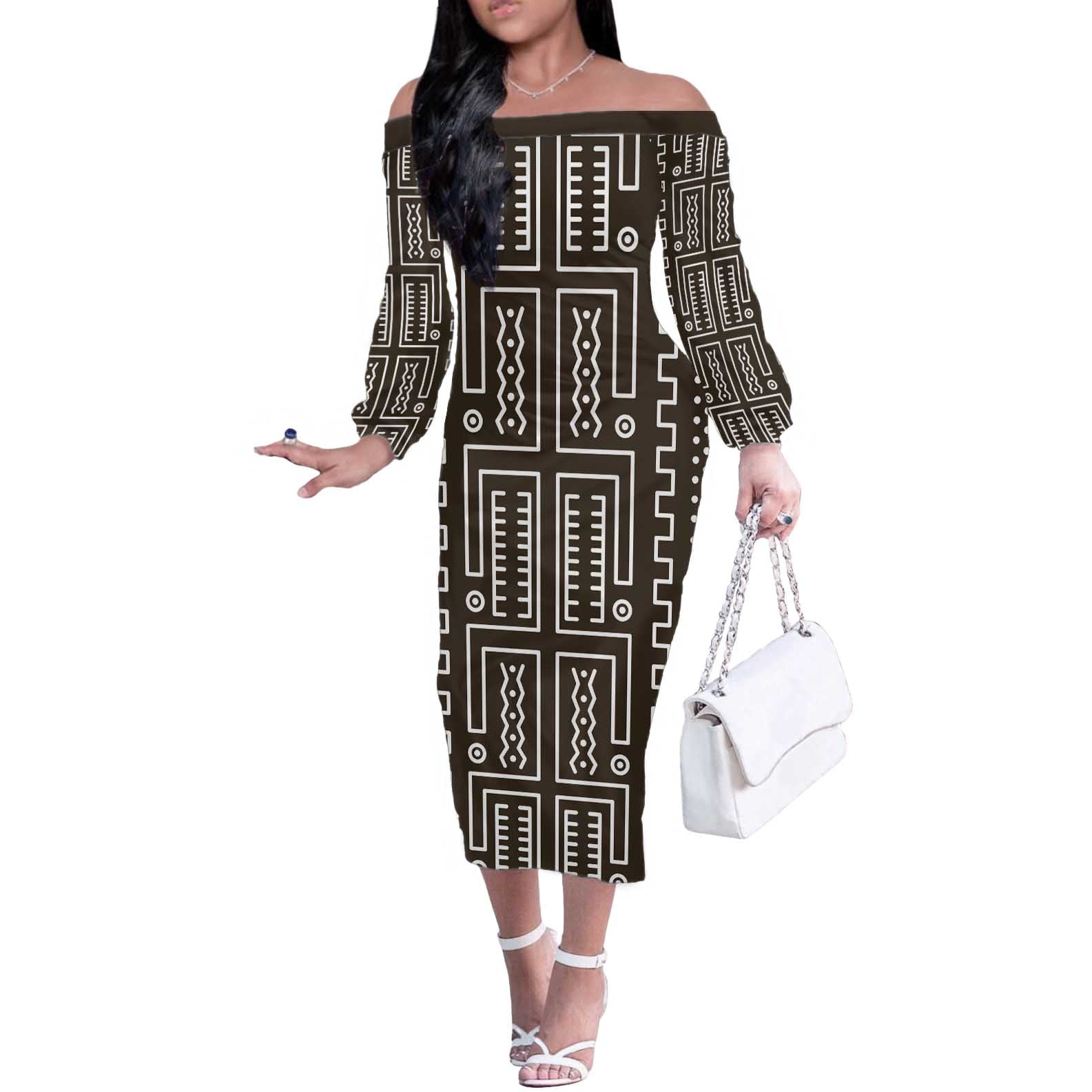 Mali Mud Cloth Off The Shoulder Long Sleeve Dress Bogolanfini Pattern - Wonder Print Shop