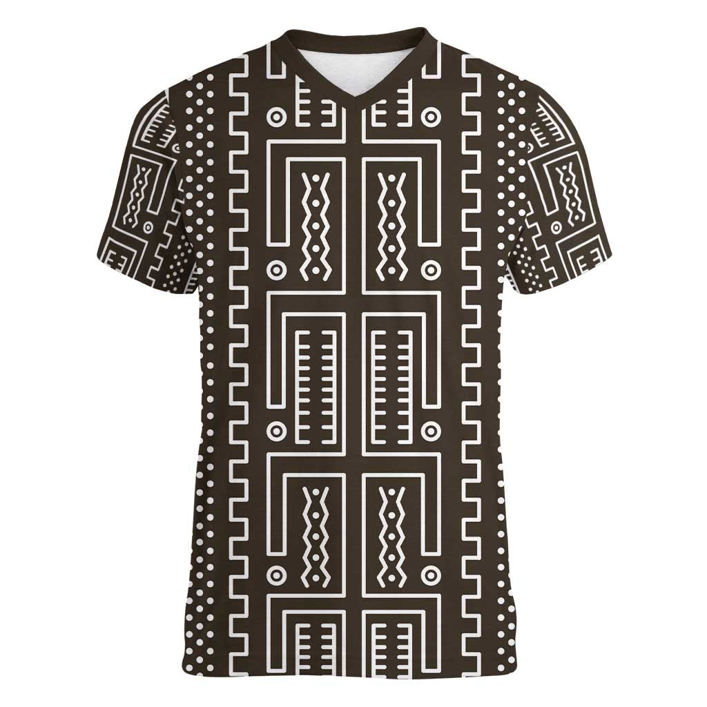 Mali Mud Cloth Women V-Neck T-Shirt Bogolanfini Pattern - Wonder Print Shop