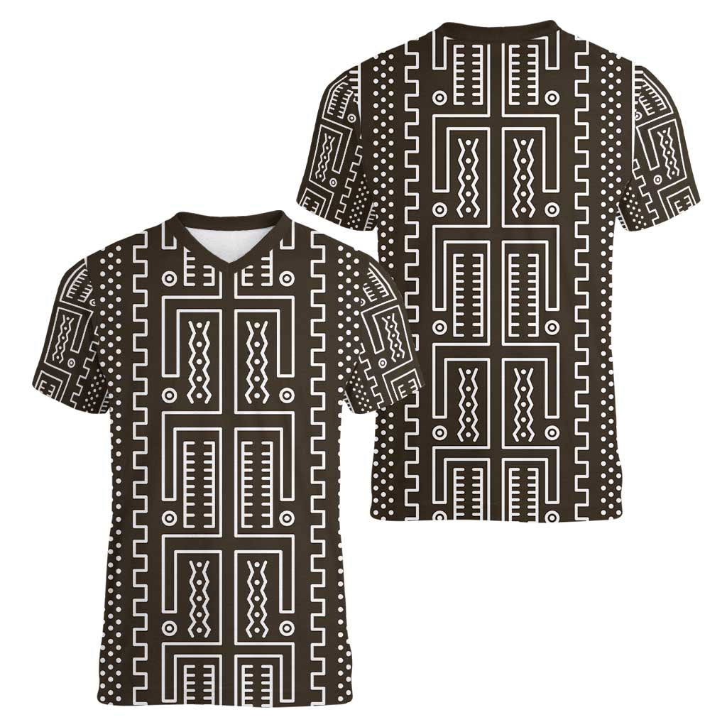 Mali Mud Cloth Women V-Neck T-Shirt Bogolanfini Pattern - Wonder Print Shop