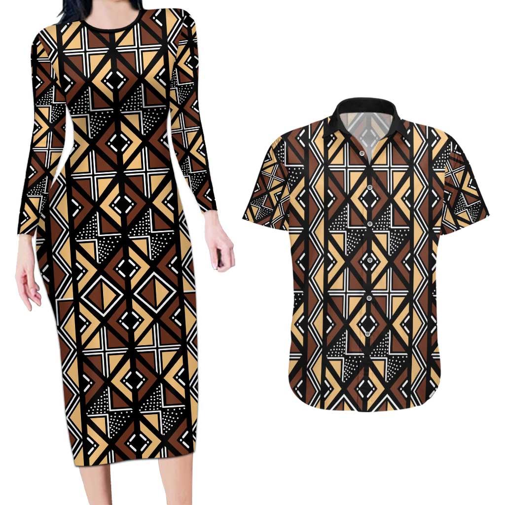 Mali Mud Cloth Legacy Pattern Couples Matching Long Sleeve Bodycon Dress and Hawaiian Shirt Ethnic Geometry Style - Wonder Print Shop
