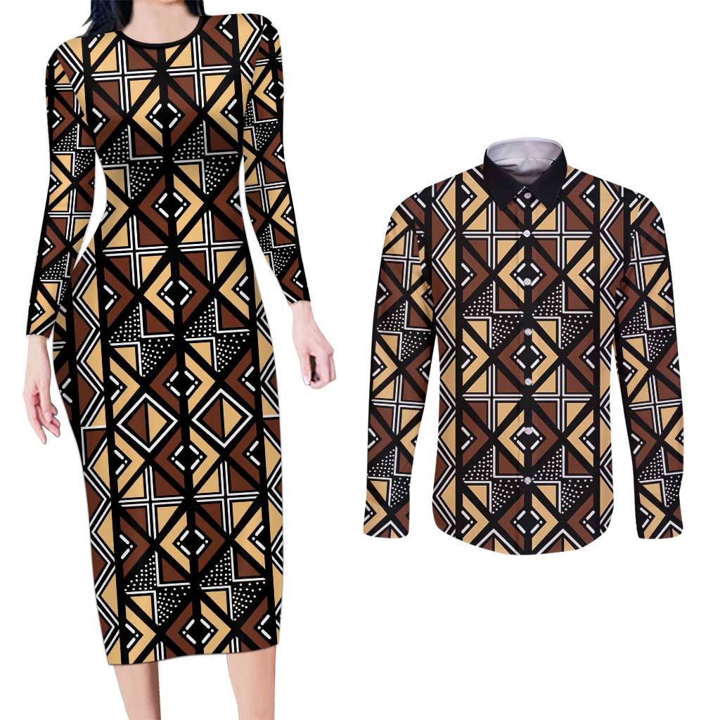 Mali Mud Cloth Legacy Pattern Couples Matching Long Sleeve Bodycon Dress and Long Sleeve Button Shirt Ethnic Geometry Style - Wonder Print Shop