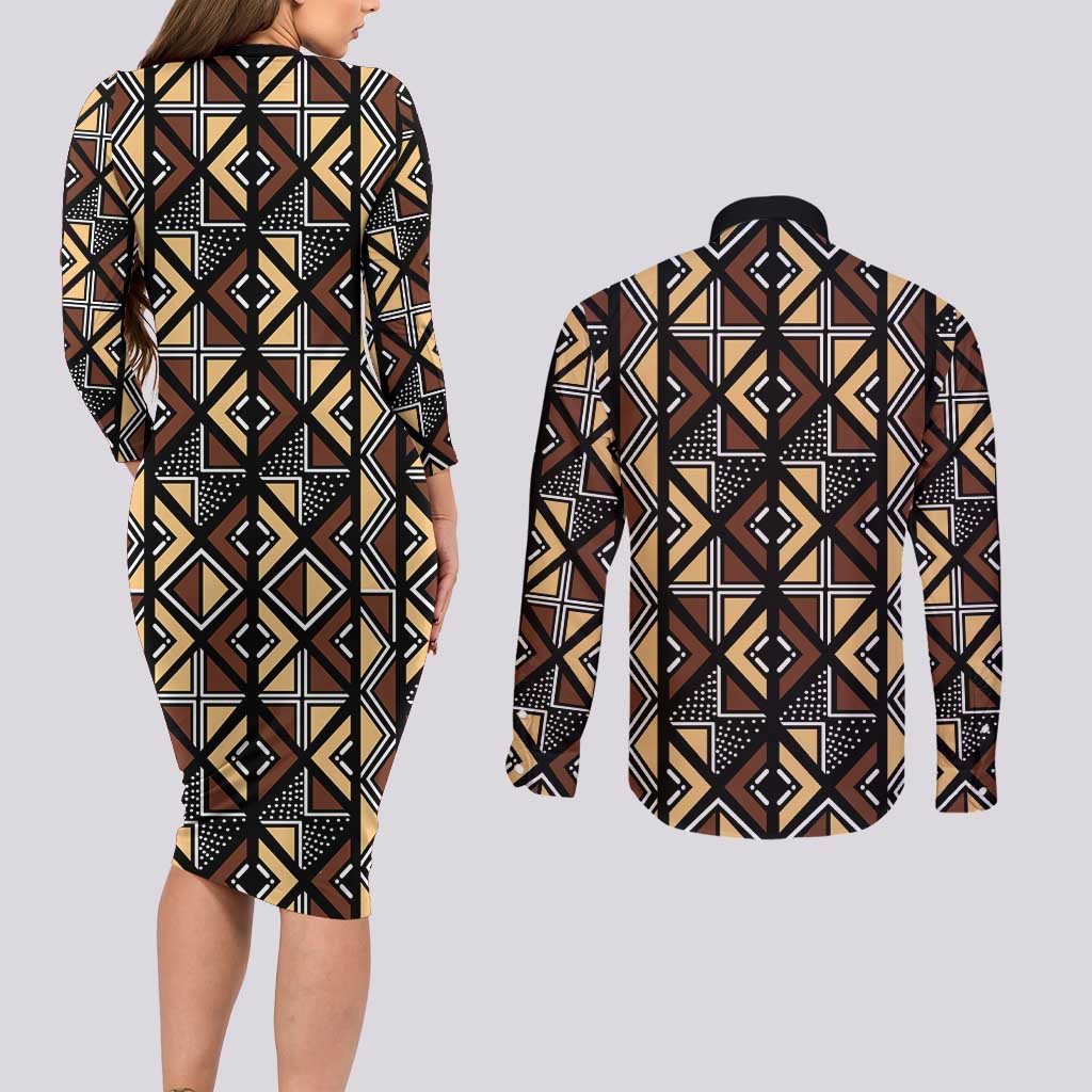 Mali Mud Cloth Legacy Pattern Couples Matching Long Sleeve Bodycon Dress and Long Sleeve Button Shirt Ethnic Geometry Style - Wonder Print Shop