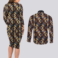 Mali Mud Cloth Legacy Pattern Couples Matching Long Sleeve Bodycon Dress and Long Sleeve Button Shirt Ethnic Geometry Style - Wonder Print Shop