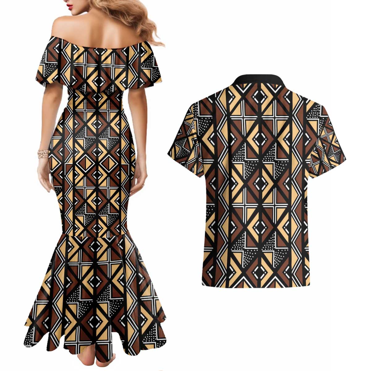 Mali Mud Cloth Legacy Pattern Couples Matching Mermaid Dress and Hawaiian Shirt Ethnic Geometry Style - Wonder Print Shop