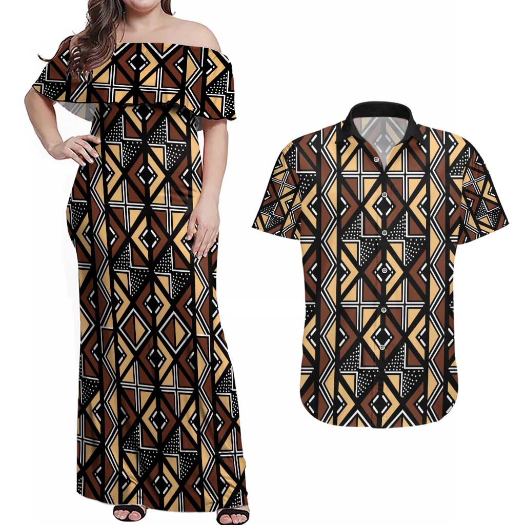 Mali Mud Cloth Legacy Pattern Couples Matching Off Shoulder Maxi Dress and Hawaiian Shirt Ethnic Geometry Style - Wonder Print Shop