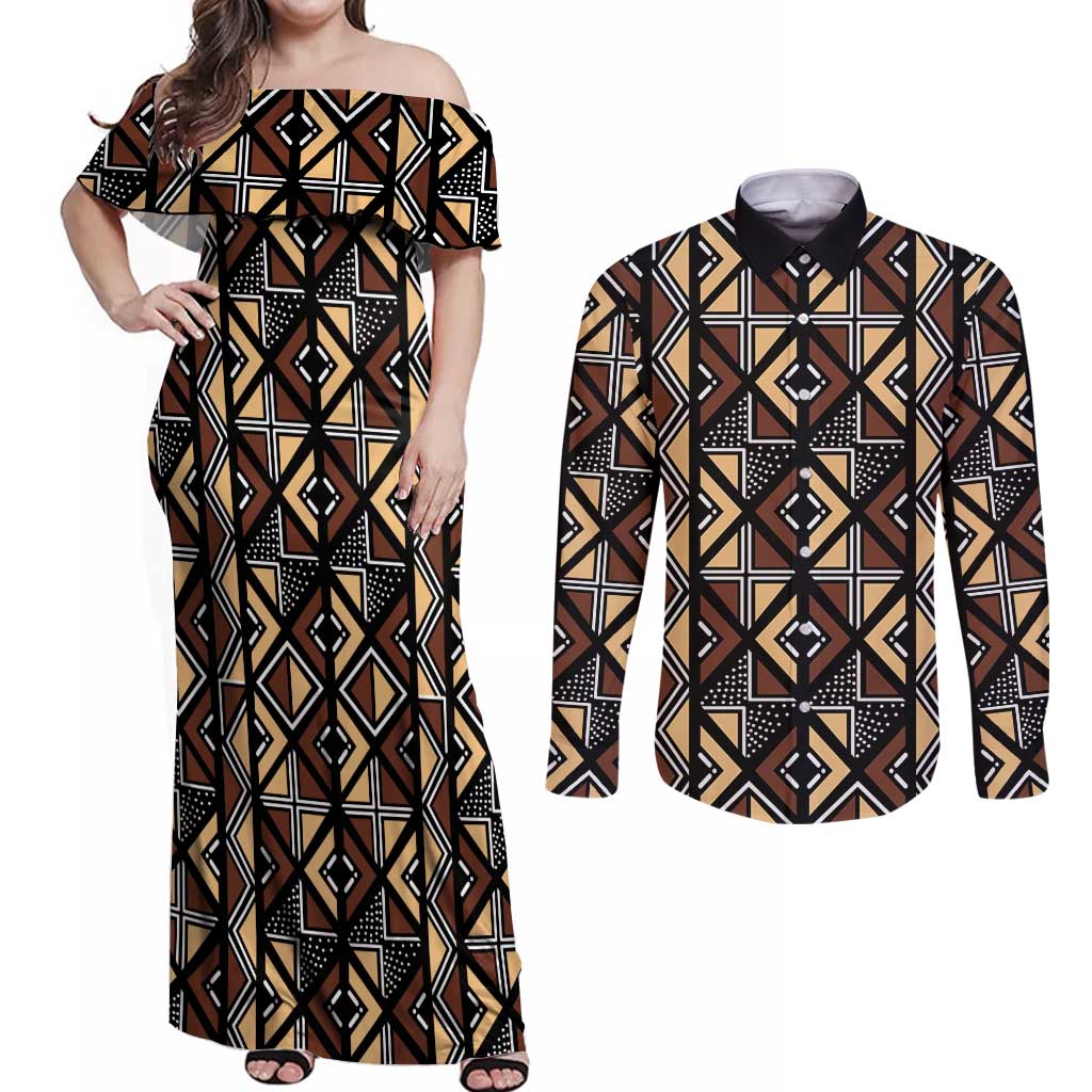 Mali Mud Cloth Legacy Pattern Couples Matching Off Shoulder Maxi Dress and Long Sleeve Button Shirt Ethnic Geometry Style - Wonder Print Shop