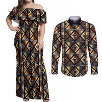 Mali Mud Cloth Legacy Pattern Couples Matching Off Shoulder Maxi Dress and Long Sleeve Button Shirt Ethnic Geometry Style - Wonder Print Shop