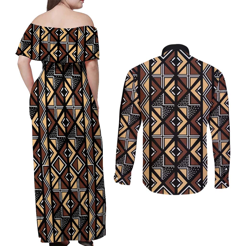 Mali Mud Cloth Legacy Pattern Couples Matching Off Shoulder Maxi Dress and Long Sleeve Button Shirt Ethnic Geometry Style - Wonder Print Shop