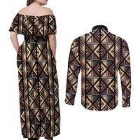 Mali Mud Cloth Legacy Pattern Couples Matching Off Shoulder Maxi Dress and Long Sleeve Button Shirt Ethnic Geometry Style - Wonder Print Shop