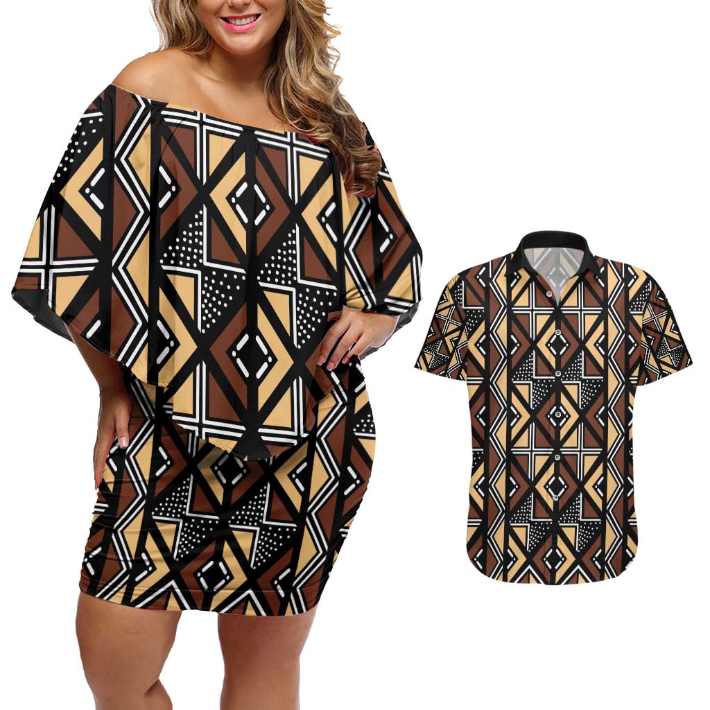 Mali Mud Cloth Legacy Pattern Couples Matching Off Shoulder Short Dress and Hawaiian Shirt Ethnic Geometry Style - Wonder Print Shop