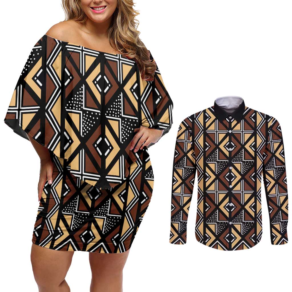 Mali Mud Cloth Legacy Pattern Couples Matching Off Shoulder Short Dress and Long Sleeve Button Shirt Ethnic Geometry Style - Wonder Print Shop