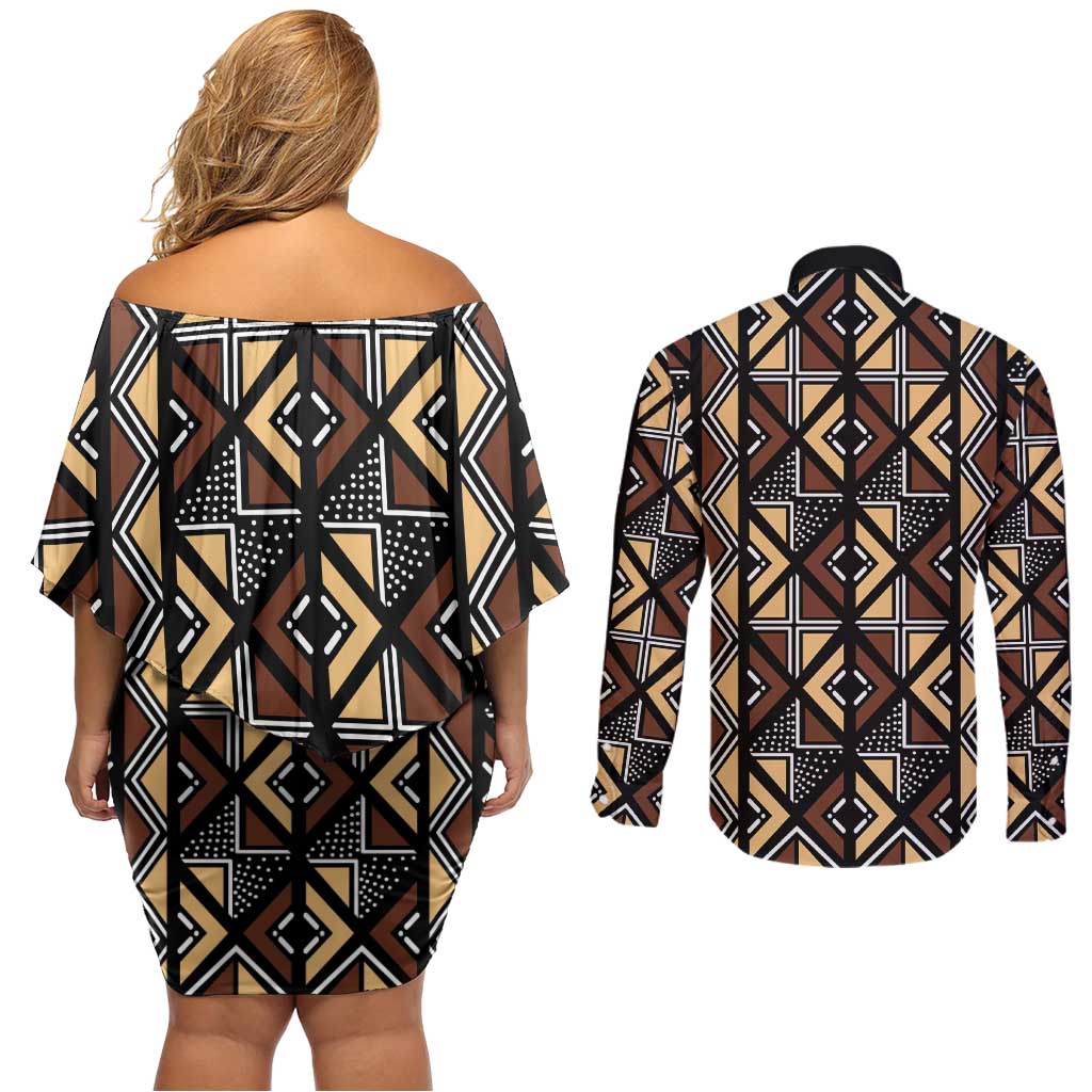 Mali Mud Cloth Legacy Pattern Couples Matching Off Shoulder Short Dress and Long Sleeve Button Shirt Ethnic Geometry Style - Wonder Print Shop