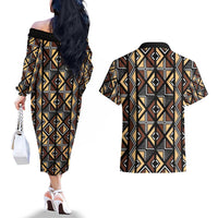 Mali Mud Cloth Legacy Pattern Couples Matching Off The Shoulder Long Sleeve Dress and Hawaiian Shirt Ethnic Geometry Style - Wonder Print Shop