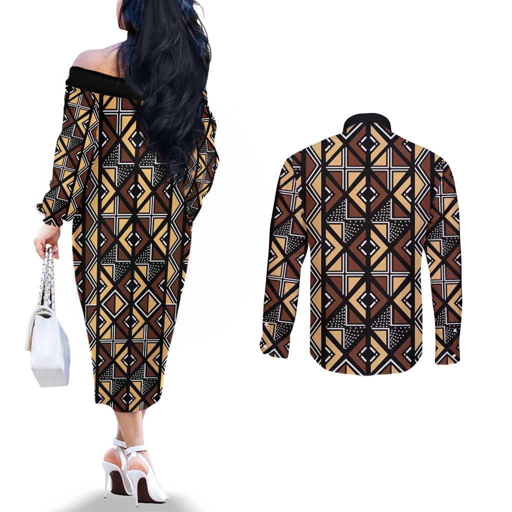 Mali Mud Cloth Legacy Pattern Couples Matching Off The Shoulder Long Sleeve Dress and Long Sleeve Button Shirt Ethnic Geometry Style - Wonder Print Shop
