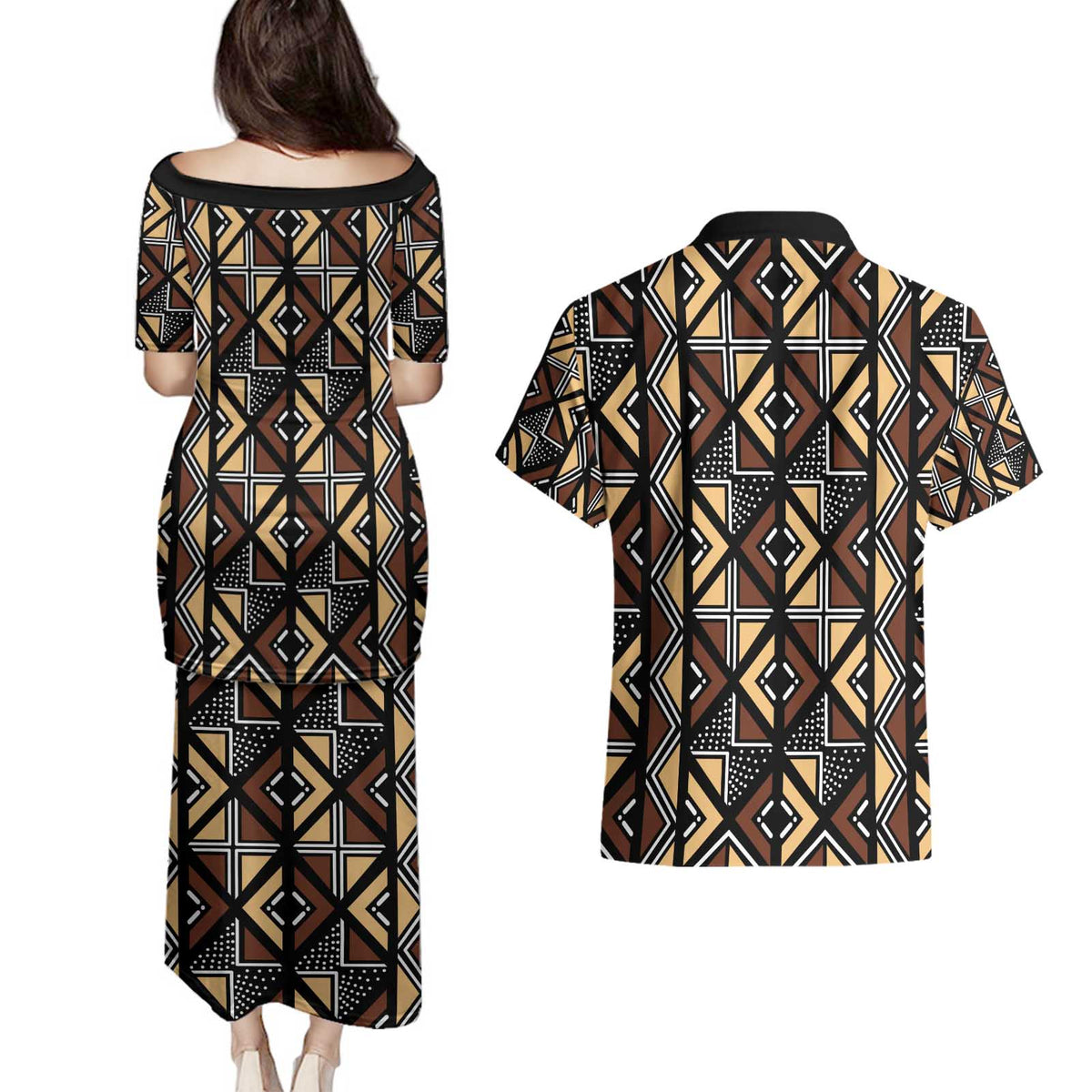 Mali Mud Cloth Legacy Pattern Couples Matching Puletasi and Hawaiian Shirt Ethnic Geometry Style - Wonder Print Shop