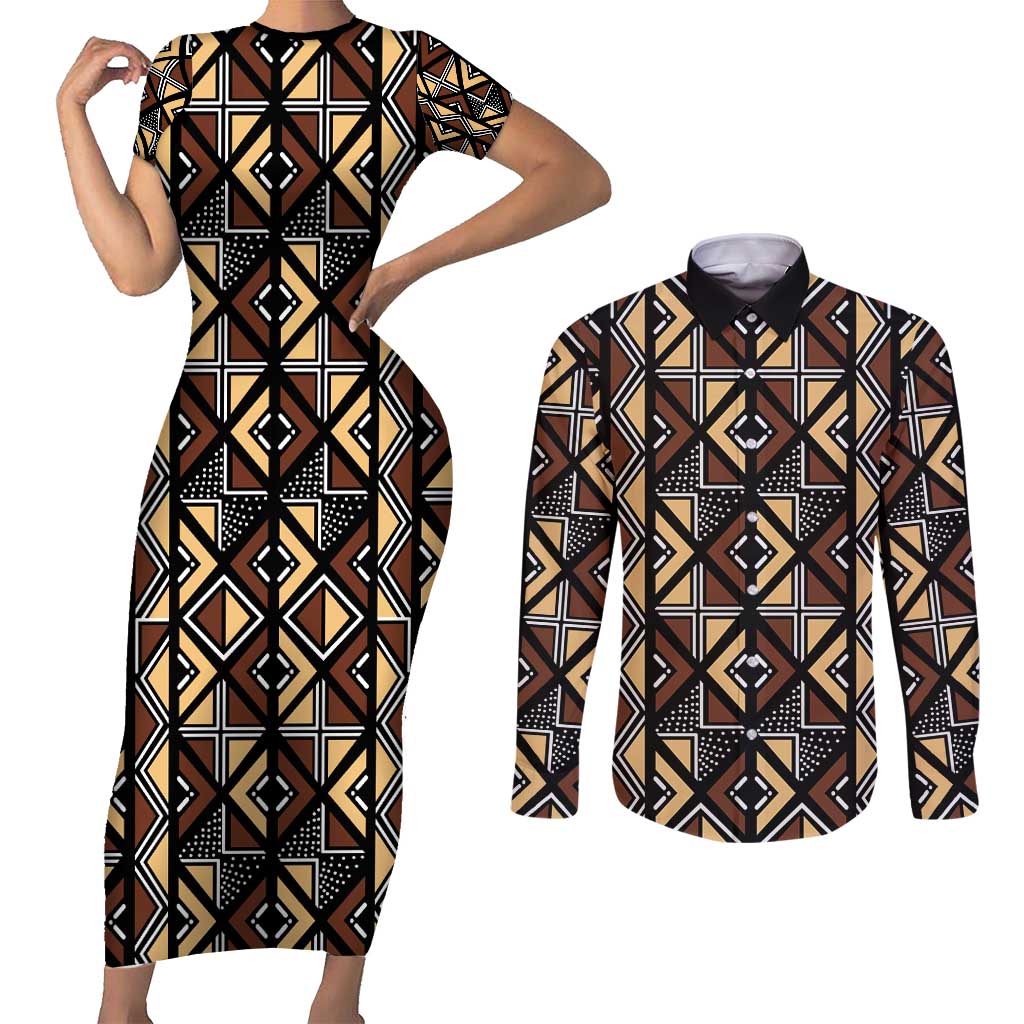 Mali Mud Cloth Legacy Pattern Couples Matching Short Sleeve Bodycon Dress and Long Sleeve Button Shirt Ethnic Geometry Style - Wonder Print Shop