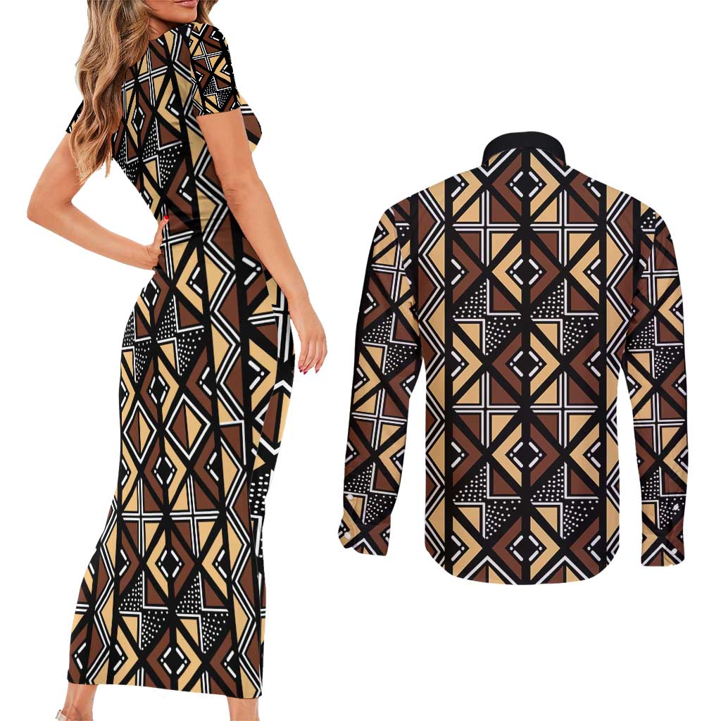 Mali Mud Cloth Legacy Pattern Couples Matching Short Sleeve Bodycon Dress and Long Sleeve Button Shirt Ethnic Geometry Style - Wonder Print Shop
