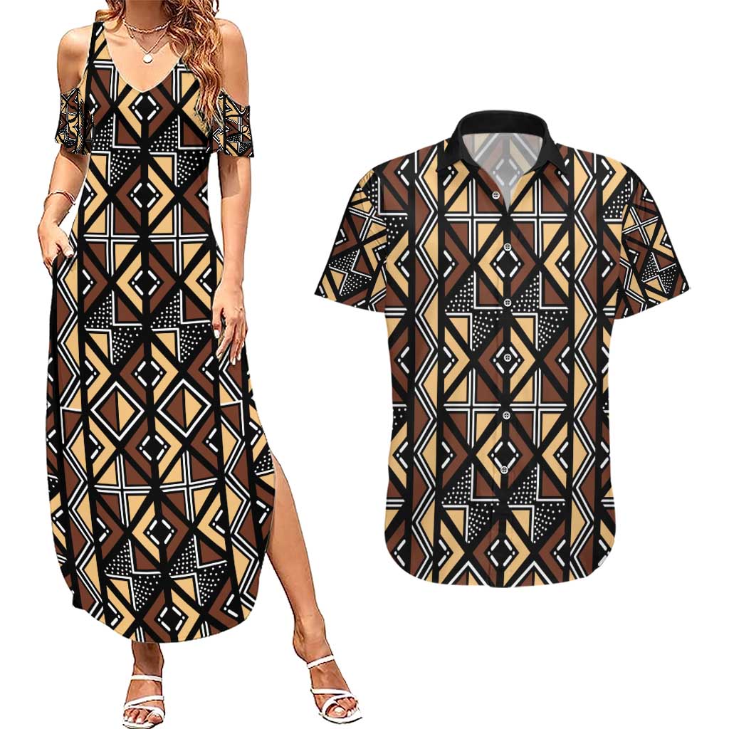 Mali Mud Cloth Legacy Pattern Couples Matching Summer Maxi Dress and Hawaiian Shirt Ethnic Geometry Style - Wonder Print Shop