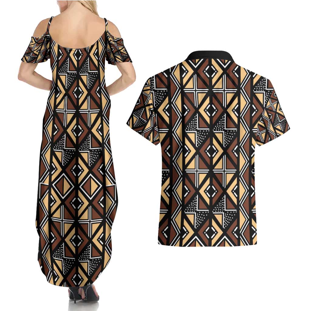 Mali Mud Cloth Legacy Pattern Couples Matching Summer Maxi Dress and Hawaiian Shirt Ethnic Geometry Style - Wonder Print Shop