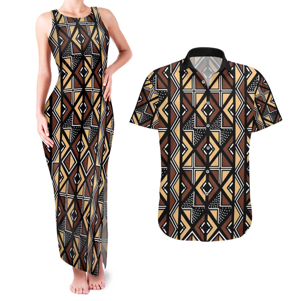 Mali Mud Cloth Legacy Pattern Couples Matching Tank Maxi Dress and Hawaiian Shirt Ethnic Geometry Style - Wonder Print Shop