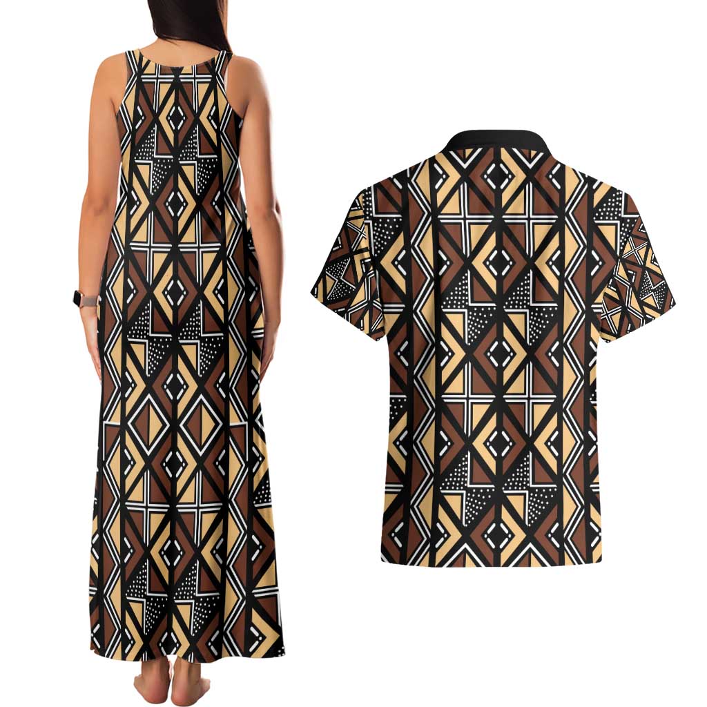 Mali Mud Cloth Legacy Pattern Couples Matching Tank Maxi Dress and Hawaiian Shirt Ethnic Geometry Style - Wonder Print Shop