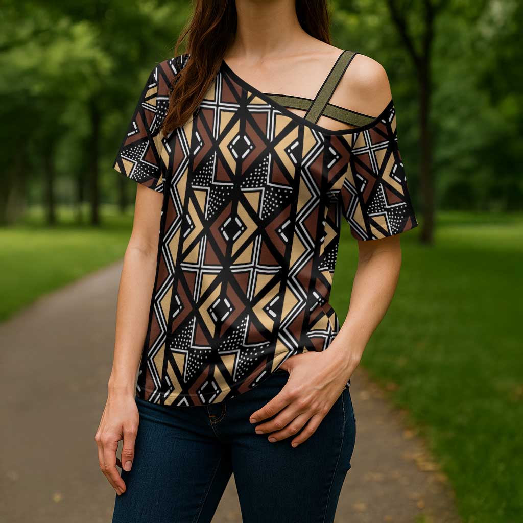 Mali Mud Cloth Legacy Pattern Cross Shoulder Shirt Ethnic Geometry Style - Wonder Print Shop