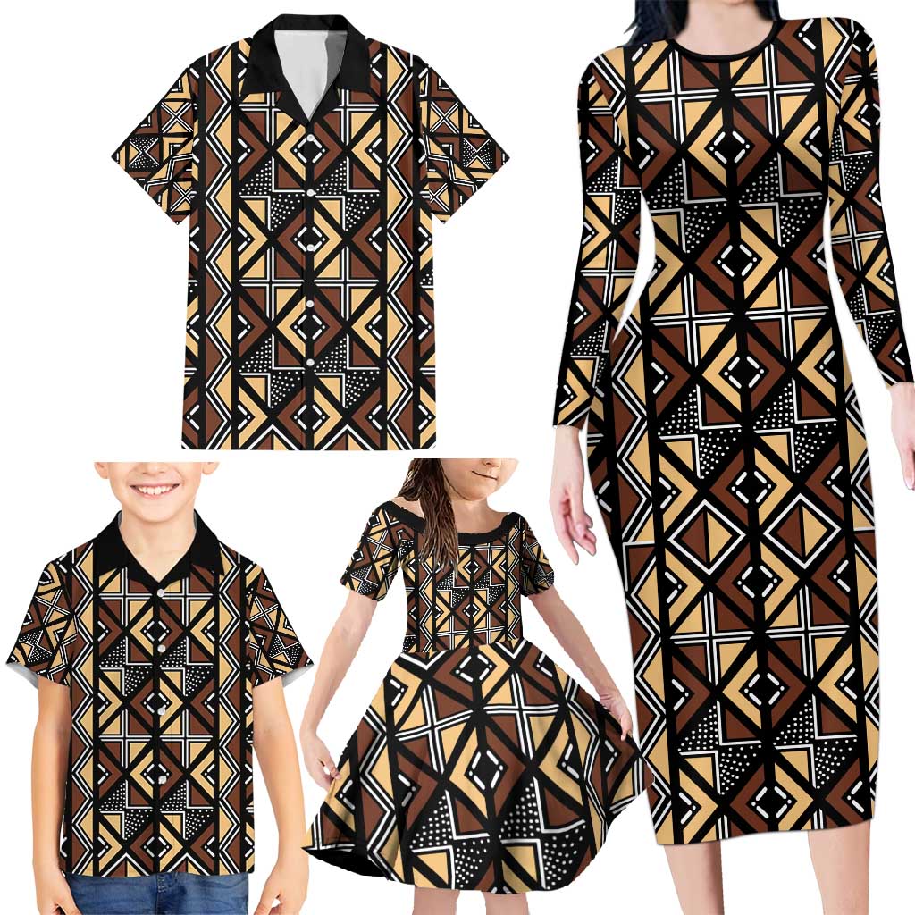 Mali Mud Cloth Legacy Pattern Family Matching Long Sleeve Bodycon Dress and Hawaiian Shirt Ethnic Geometry Style - Wonder Print Shop