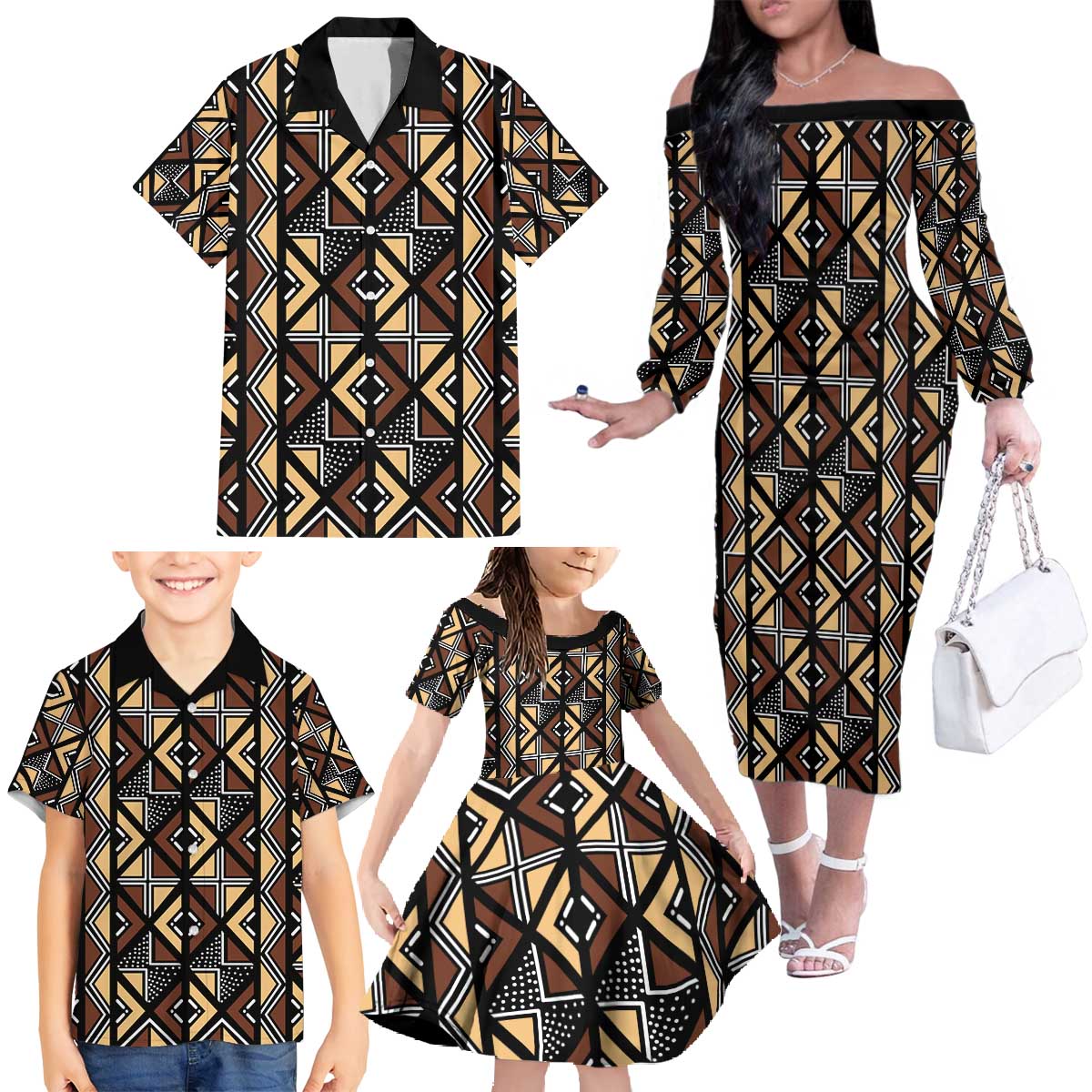 Mali Mud Cloth Legacy Pattern Family Matching Off The Shoulder Long Sleeve Dress and Hawaiian Shirt Ethnic Geometry Style - Wonder Print Shop
