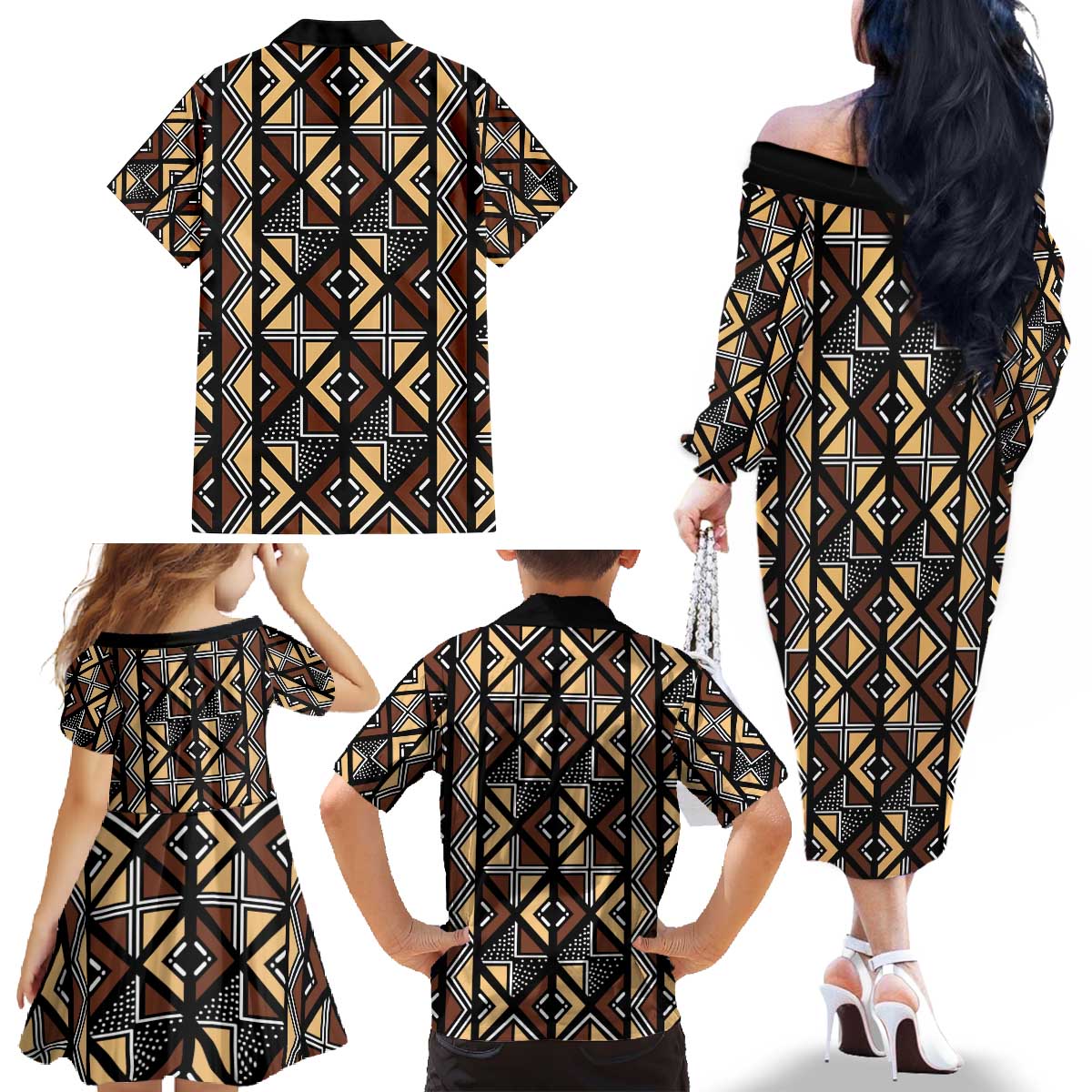 Mali Mud Cloth Legacy Pattern Family Matching Off The Shoulder Long Sleeve Dress and Hawaiian Shirt Ethnic Geometry Style - Wonder Print Shop