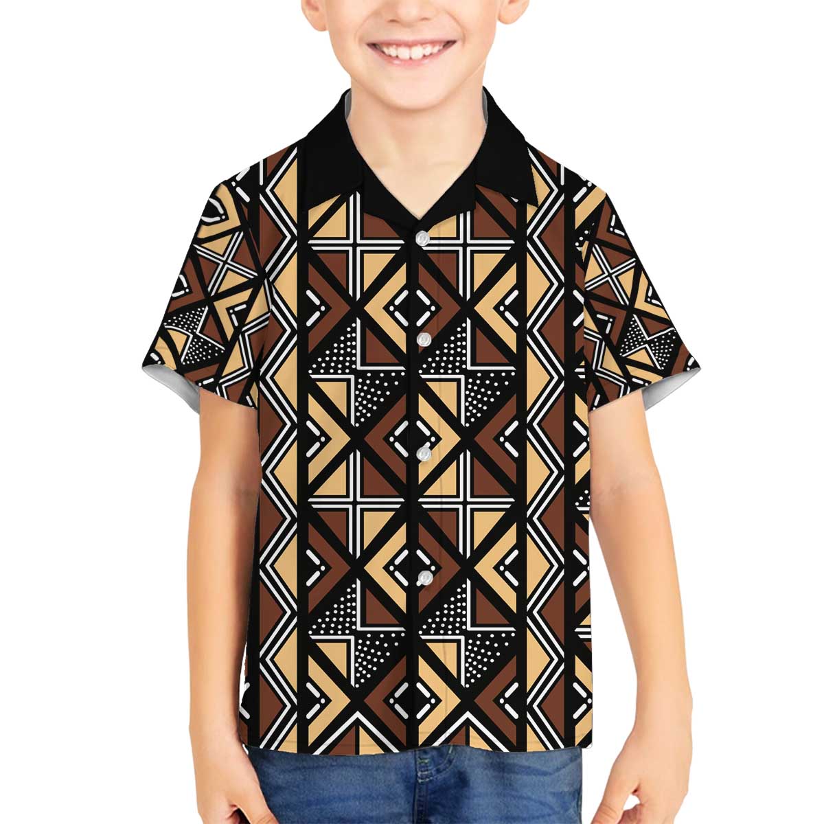 Mali Mud Cloth Legacy Pattern Family Matching Off The Shoulder Long Sleeve Dress and Hawaiian Shirt Ethnic Geometry Style - Wonder Print Shop